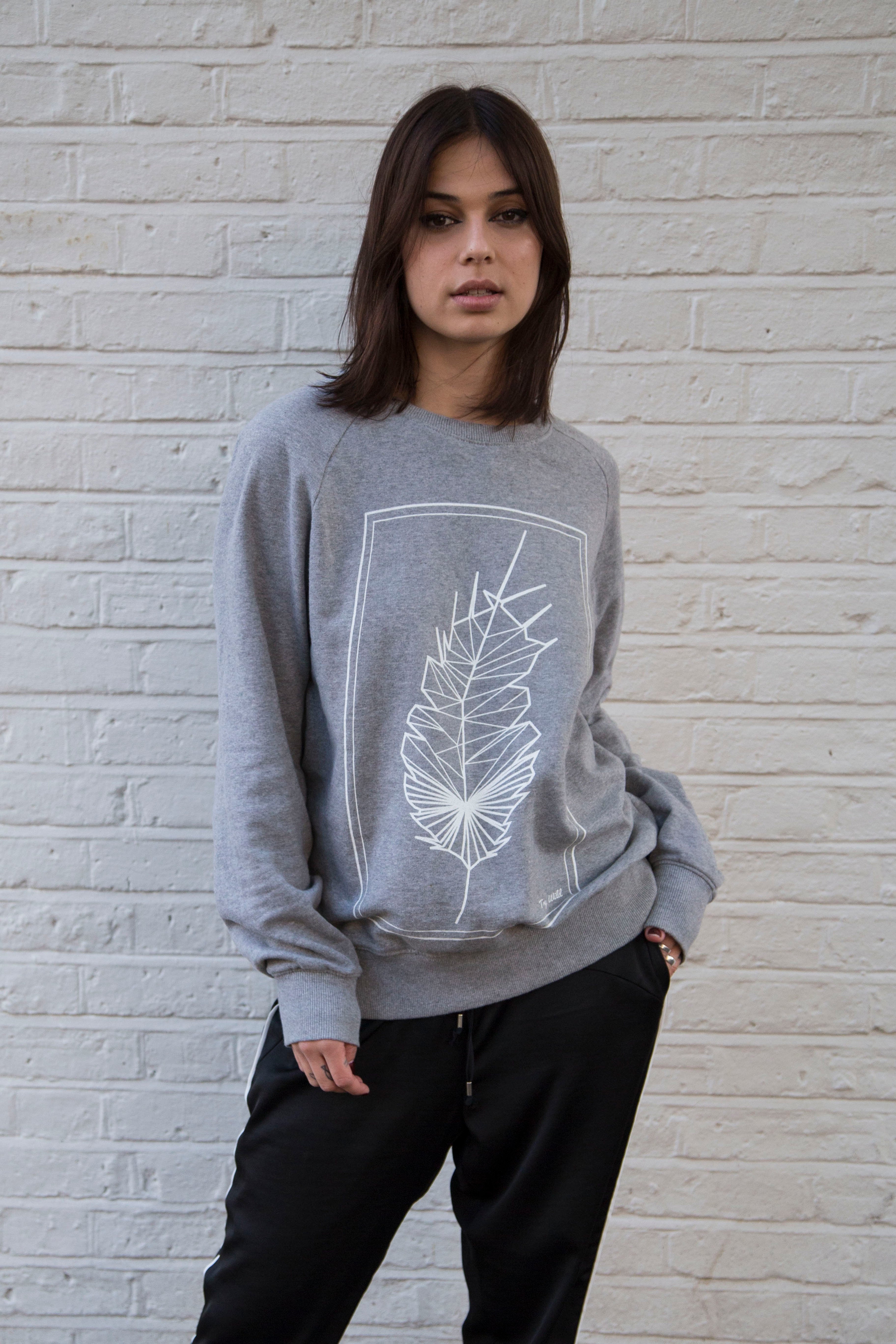 Geometric Feather - Grey Jersey / White Print - try wild