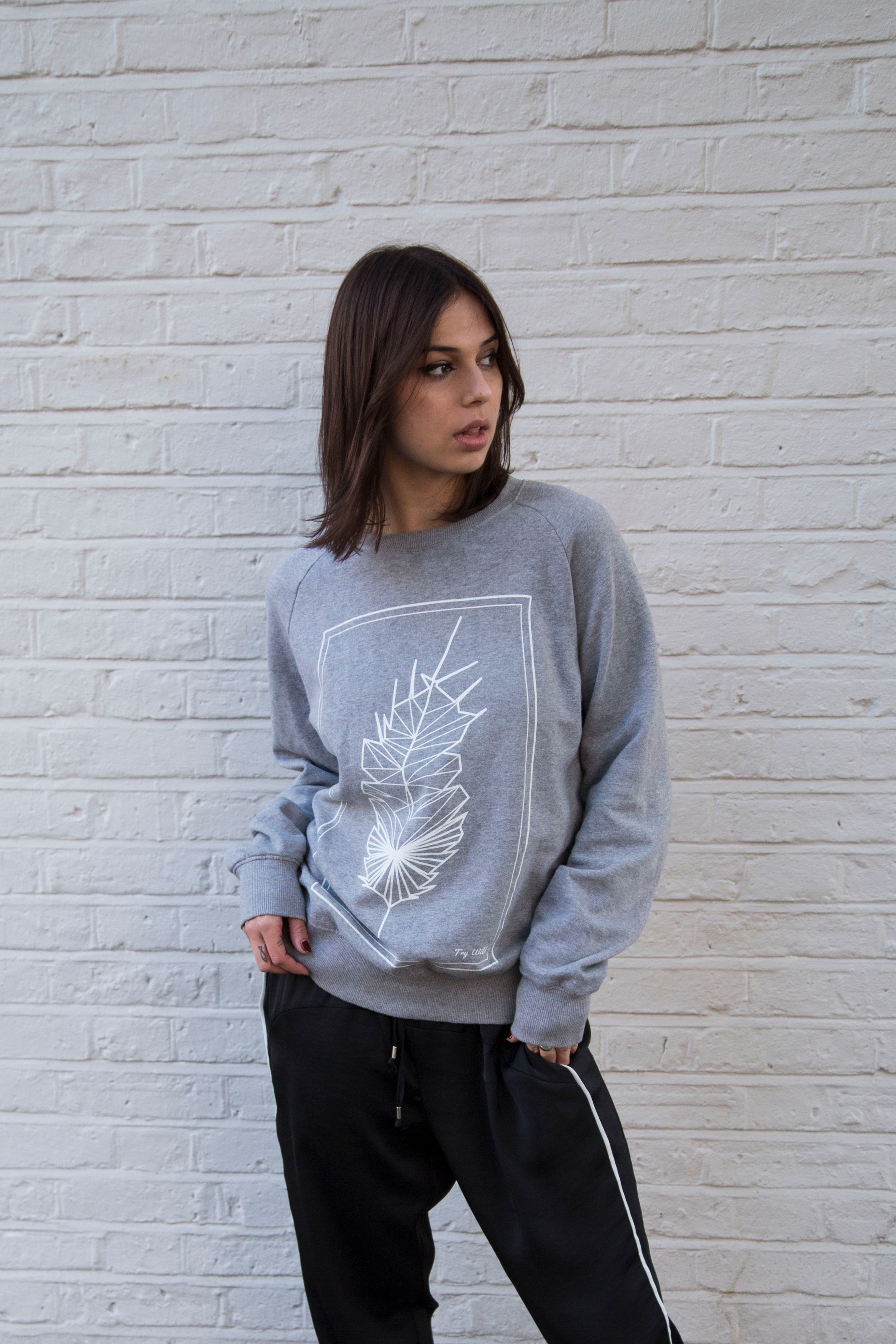 Geometric Feather - Grey Jersey / White Print - try wild