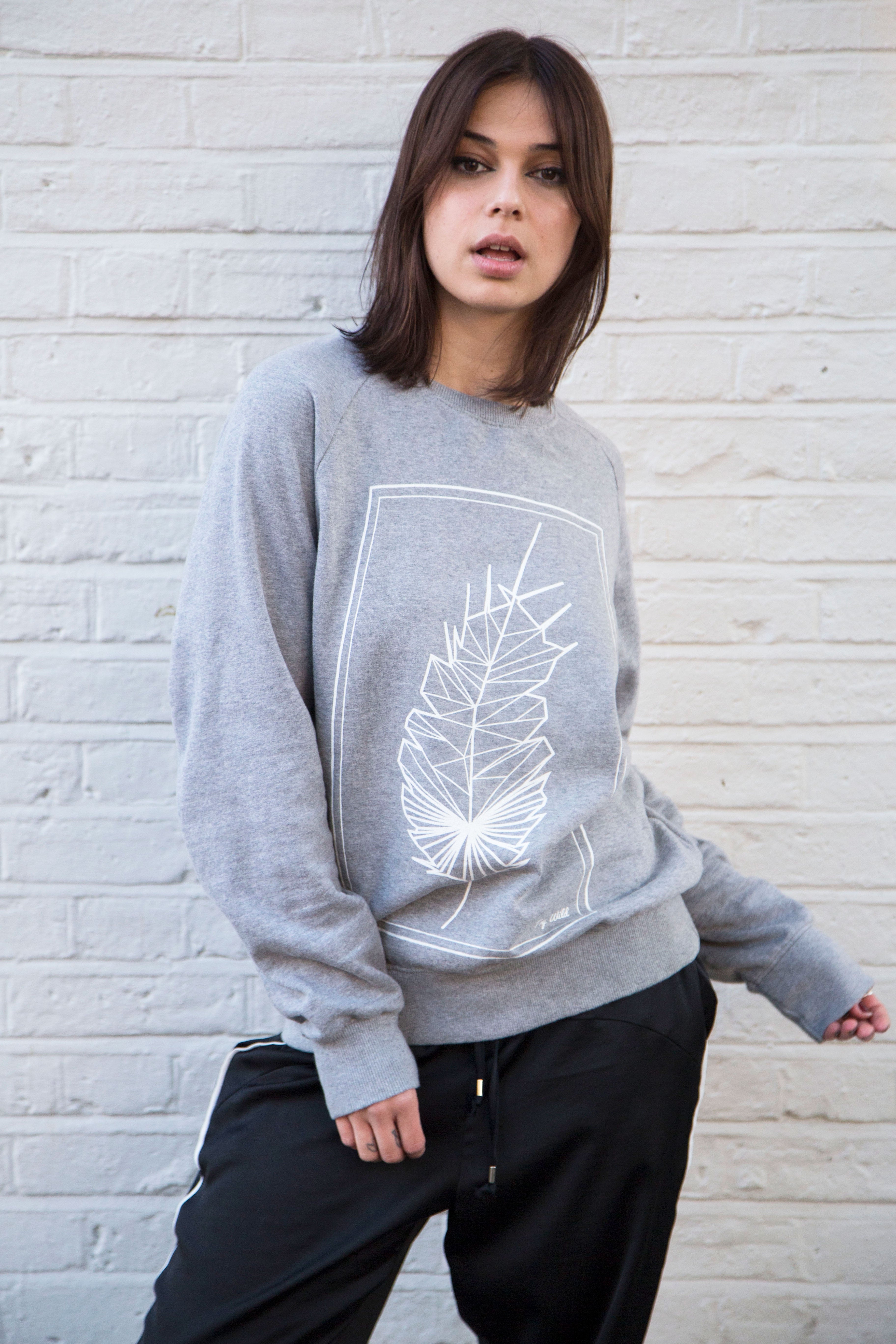 Geometric Feather - Grey Jersey / White Print